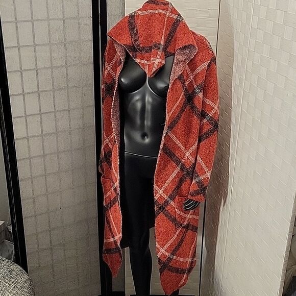 BRAND NEW JOSEPH A HOODED LONG CARDIGAN SWEATER COAT IN PLAID RED - Picture 4 of 12